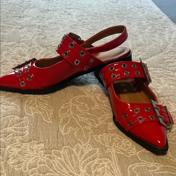 Red Patent Leather Buckle Slingback Flats - Picture 2 of 2